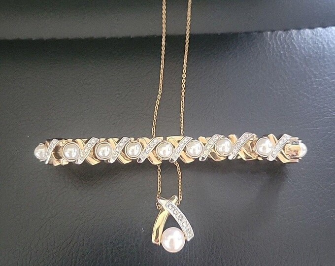 Pearl, Crystal, Gold Tone Necklace And Bracelet Set. Chain Is 14 kt. gold plate