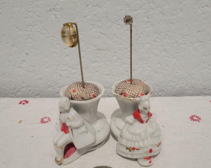 Vtg Set of 2 Porcelain Toothpick Holders Elegant Lady and Man Japan Pin Cushions