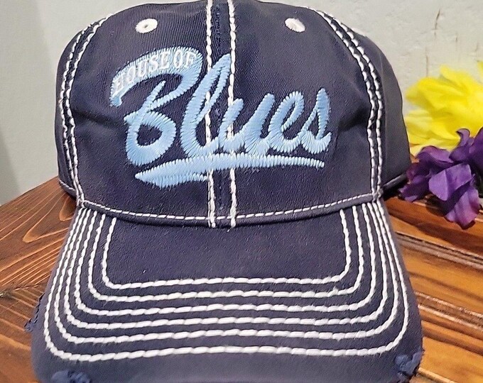 House of Blues Script Logo Hat Blue Ball Cap Weathered Style Strapback