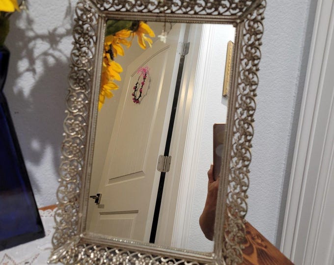 Vtg Rectangle Mirrored Vanity Tray Silver Filigree Mauv Velvet Back Footed 16x11