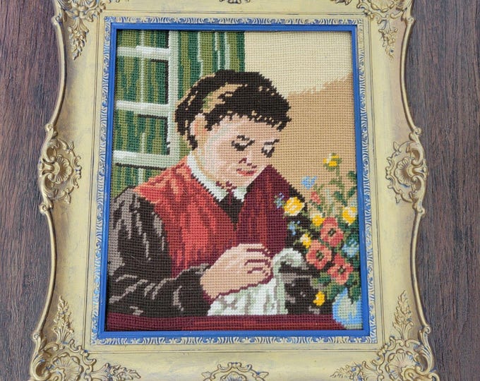 Vtg Framed Needlepoint Old Fashion Girl Embroidering Wall Decor Art Romantic