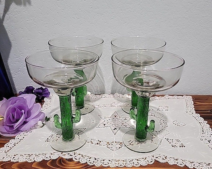 Vtg Lot of 4 HAND-BLOWN Glass Green Cactus Stem Margarita Drink from MEXICO Set