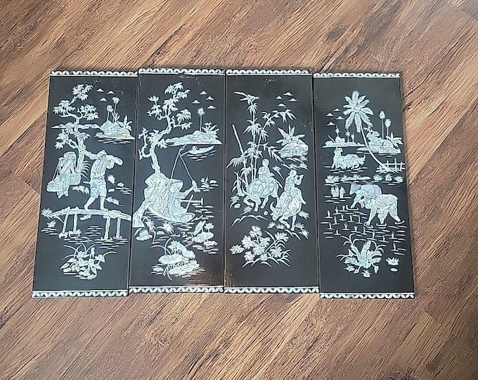 Vtg Rare 4 Panels Vietnamese Mother of Pearl Inlay Lacquer Fishing Hunting Plaqu