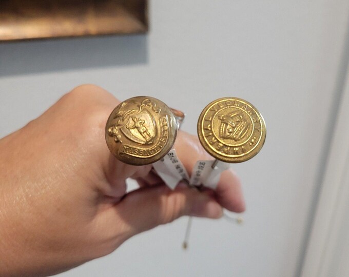Two Antique Hat Pins Victorian Brass Gold tone embossed seals patriotic romantic