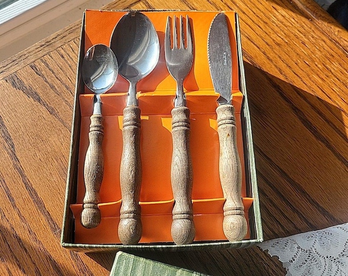 VTG Lot of 24 Rostfrei Stainless Flatware Bavaria Germany Wood Spun Handle MCM