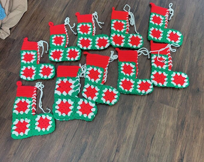 Granny square Christmas stocking green red and white w/Bells Hand Made