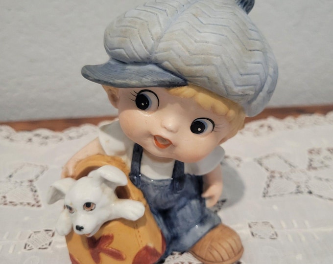 Vintage HOMCO - Little Boy with Dog In his Bag figurine #1439 ceramic Taiwan 80s