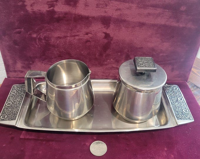 Vintage Stanley Roberts Stainless Steel Velvet Design Sugar & Creamer w/Tray MCM