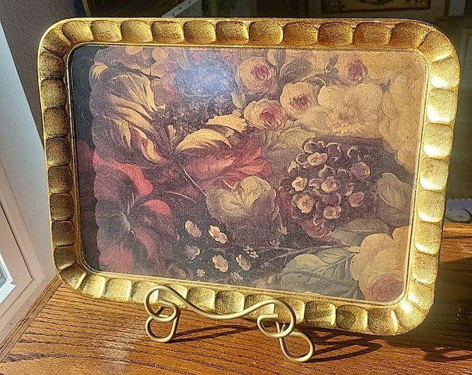Vintage ITALY Franco Sezzatini Hand-Painted Wood Gilded Tray Tulips Inlay Floral