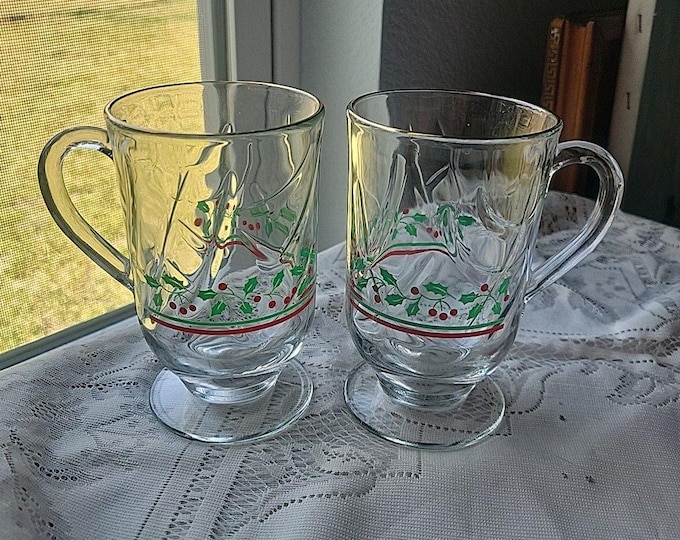 Arbys 1985 Christmas Holly Ribbon Pedestal Mugs Set of 2 Vintage Holiday Retro