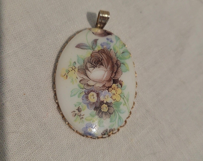Vintage Victorian Hand Painted Porcelain China Pendant Pink Yellow Blue Roses