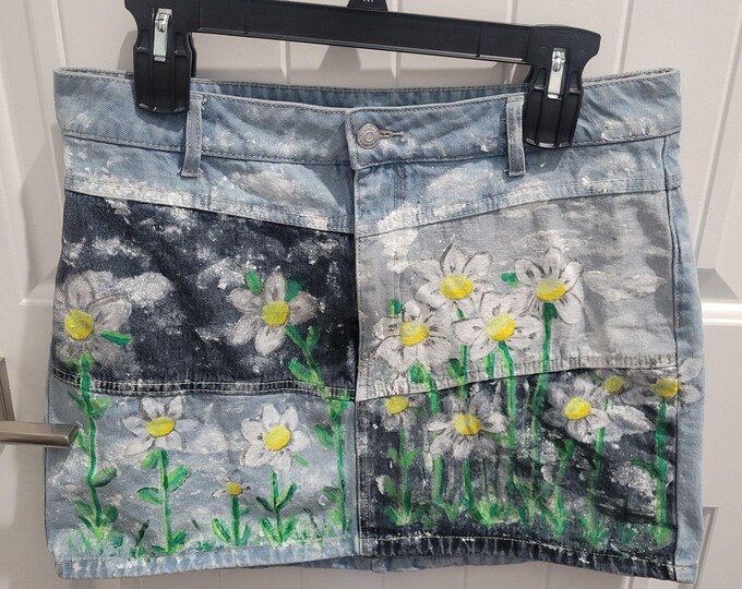 Hand Painted Denim Mini Skirt size 12 Daisy Field patchwork One of a Kind Rare