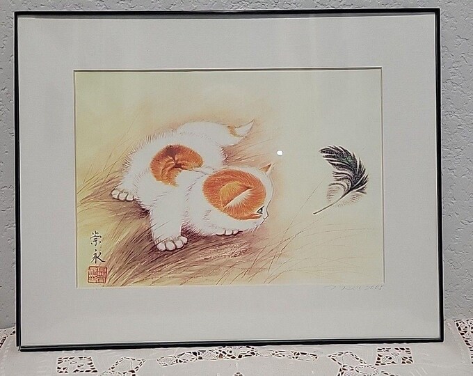 Signed Matted Framed Print by Chong Yong Cat Watching A Feather 11x14 art 7x10"