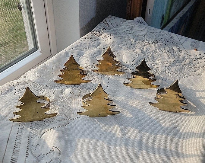 Vtg Christmas Pine Tree Napkin Rings Set of 6 Solid Brass Festive Table Decor