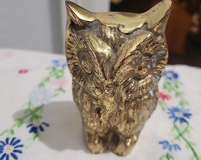 Vintage Etched Brass Owl Figurine Solid Brass 4"x2" made in Taiwan MCM academia