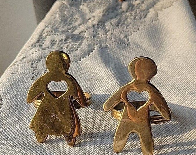 Vintage Brass Boy Girl Napkin Rings with Heart Cutout – Folk Style Pair