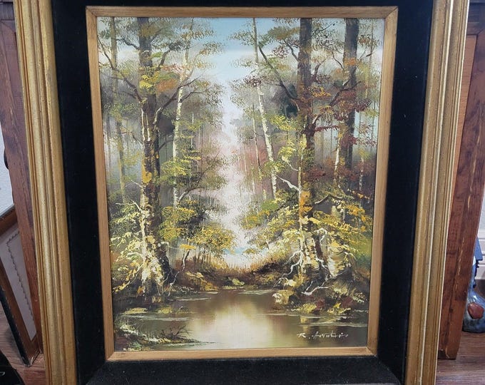 Original Oil Painting MCM artist Signed River forest trees Md Century Modern Art