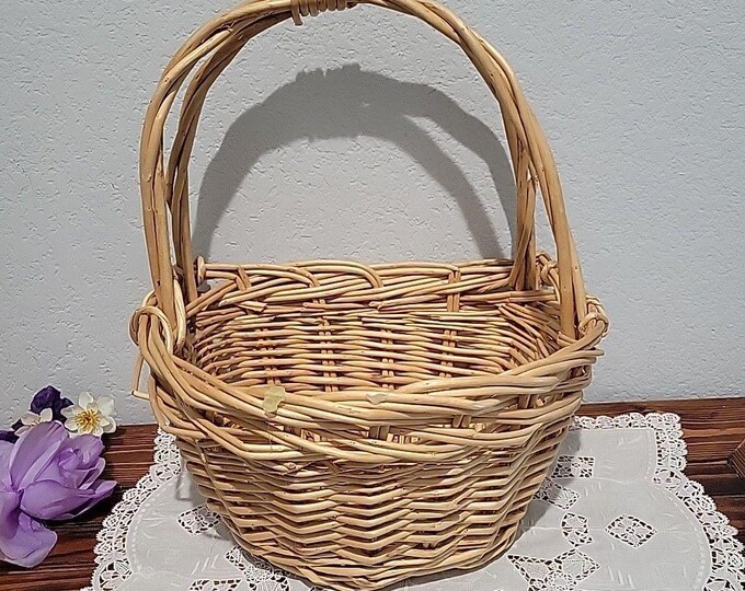 Wicker Floral Wall Basket 14 Tall at Top of Handle Half Moon Shaped GUC Cottage