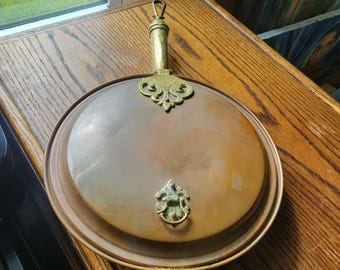 Copper Bed Warmer Pan Long Handle Wood Brass Lid Vintage Colonial Style Decor