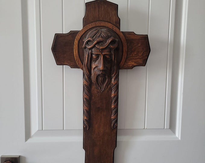 Antique Art Deco Hand Carved Oak Crucifix Face of Jesus Wall Cross 25" Tall