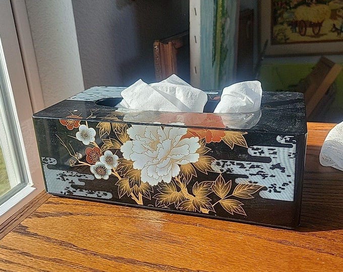 Vtg Japanese Lacquerware Tissue Box Holder Black Floral Motif Yamanaka Aizu