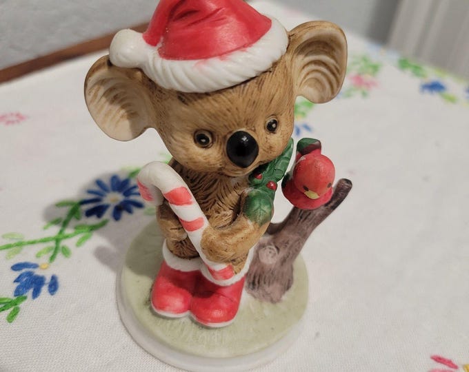 Vintage UCGC made in Taiwan Christmas Koala w/Cardinal Bird & Candy Cane Holiday