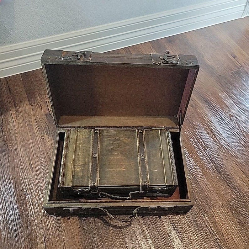 Vintage Style Decorative Wood & Leather Storage Trunks Suitcase Pair Brown Stack image 13