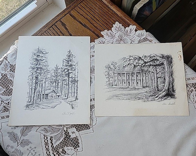 Vtg Set of 2 art sketch prints R Adair 69' The North, The South unframed USA