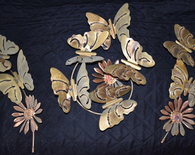 Vintage 1960s MCM Brass Butterflies and Flowers Hanging Wall Art Retro Decor 3pc