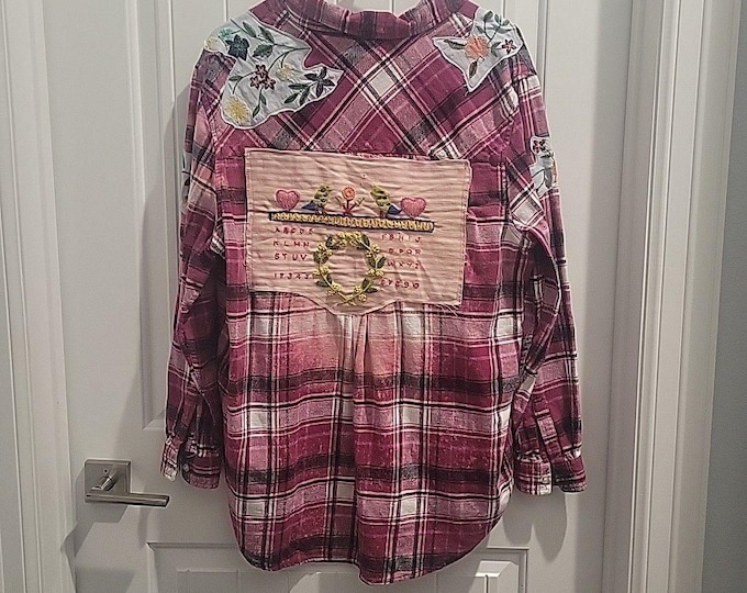 Distressed Flannel Shirt Vtg embroideries crewel OOAK needlework Bleach Gap XL