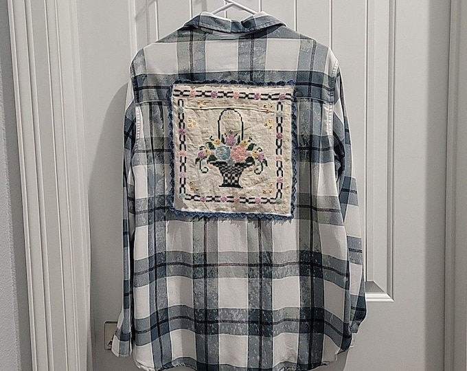 Distressed Flannel Shirt VTG embroidery Linen OOAK needlework Patchwork upcycle