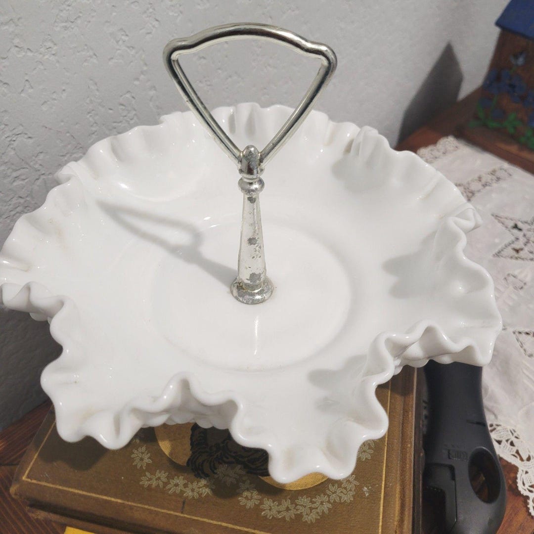 VTG Fenton Hobnail White Milk Glass Nut Candy Dish Handle Ruffled Edge ...