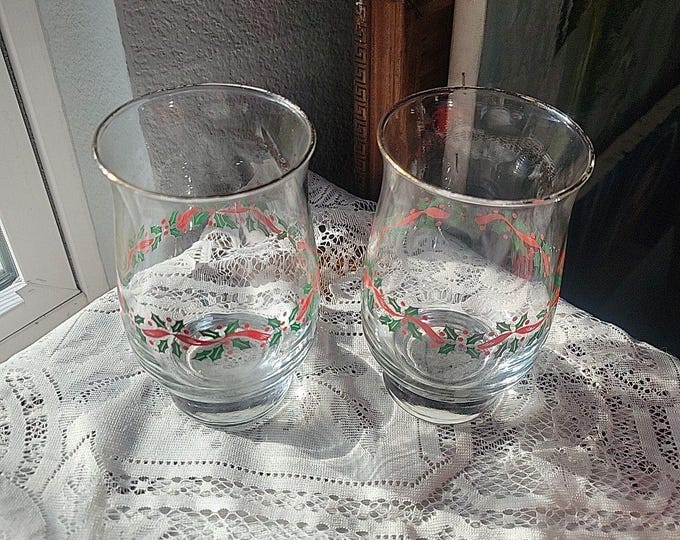 Vtg. Arby's Holly Berry Christmas Glasses 2 Promo Tumblers Footed Gold Libby