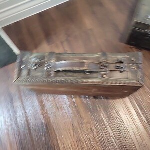 Vintage Style Decorative Wood & Leather Storage Trunks Suitcase Pair Brown Stack image 5