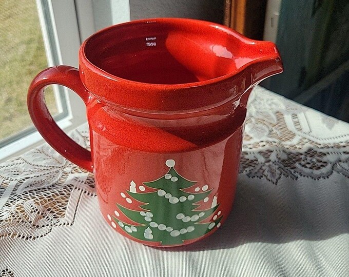 Vtg Waechtersbach Red Christmas Tree Water Pitcher Jug 5.5" Red Grn Ceramic Flaw
