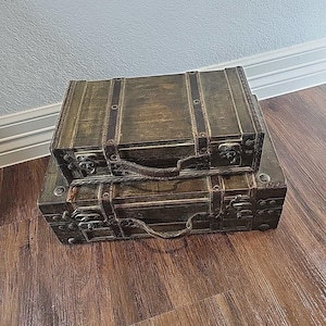 Vintage Style Decorative Wood & Leather Storage Trunks Suitcase Pair Brown Stack