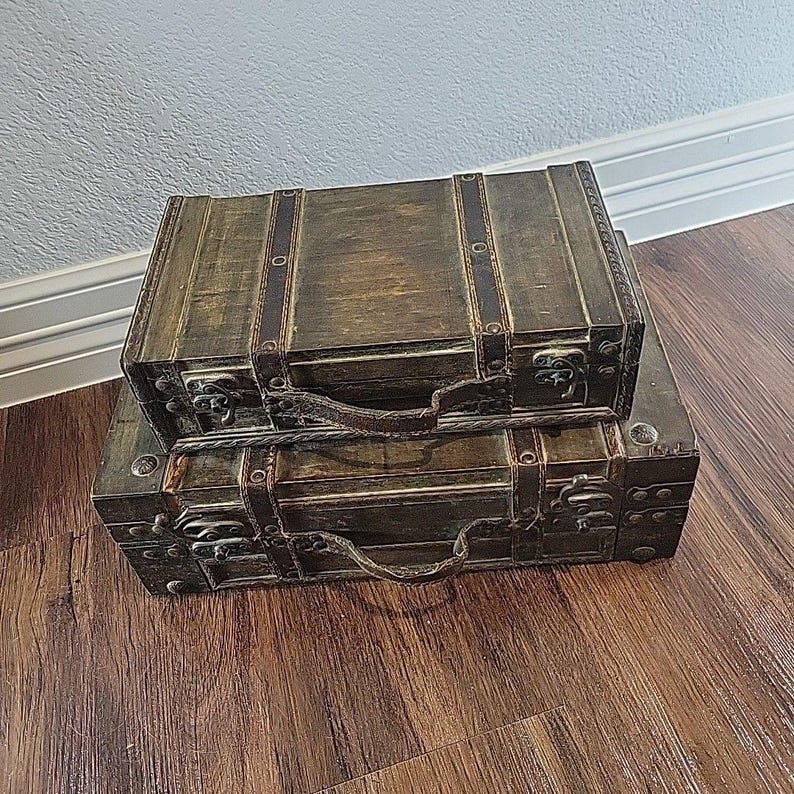 Vintage Style Decorative Wood & Leather Storage Trunks Suitcase Pair Brown Stack image 1