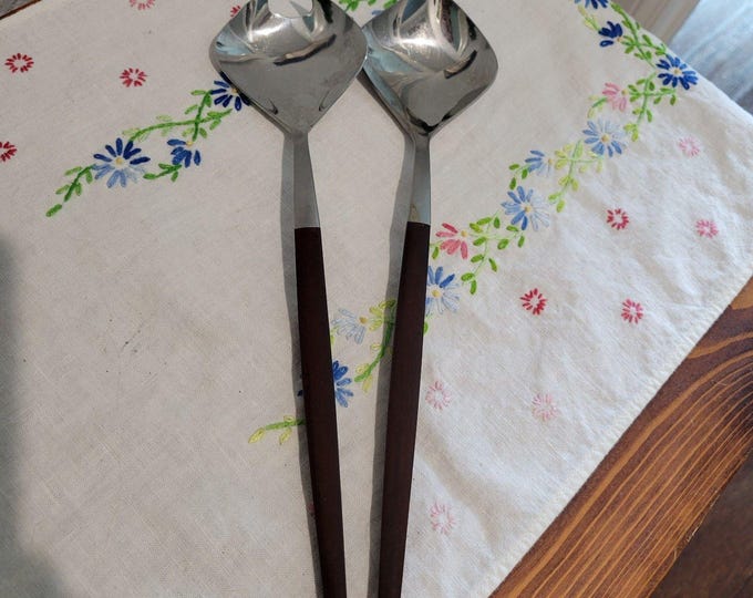 VTG 2pc Pyramid Stainless/Faux Wood Salad Servers 10 3/8" Japan EKCO Canoe Muffi