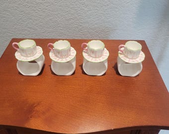 Napkin Rings, Mini Teacups & Saucer Design, Ceramic, Hand-Painted Set Of 4