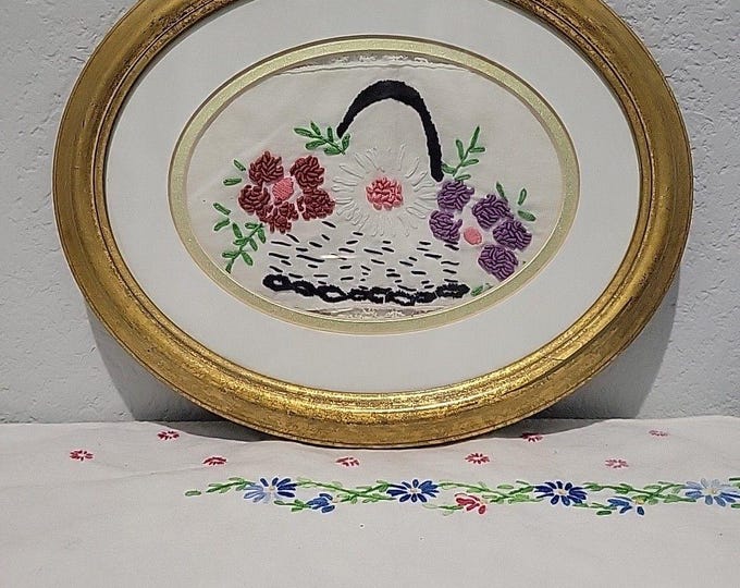 Vintage Oval Flowers In Basket Crewel Embroidery Linen Framed 11.5 wide by 9.5 t