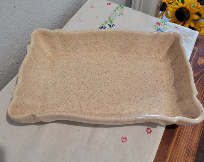 Vintage Speckled Tan Haeger Rectangle Tray Serving Dish 11x7.5 2.25 Deep USA