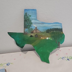 Texas Vtg Handpainted Spring In Texas Wood Wall Decor Unsigned cabin clothsline
