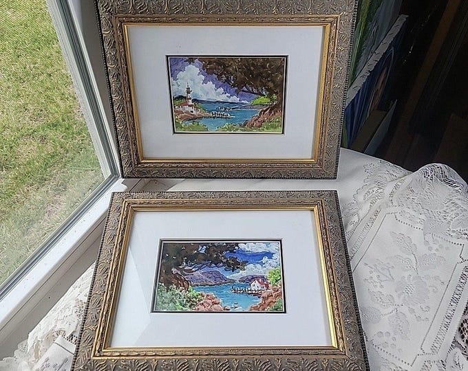 Set of 2 Signed Watercolor Paintings: Nautical Lighthouse Coastal Art (9x11" Frame)