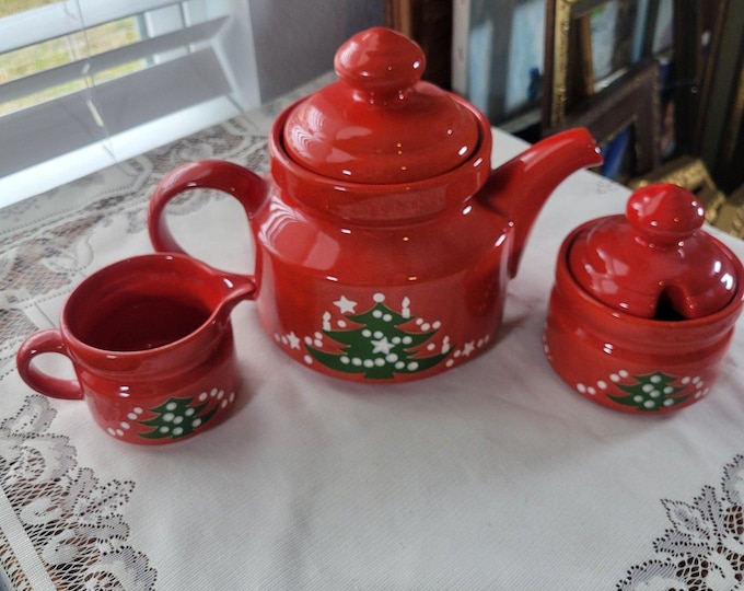 Waechtersbach Christmas Tree Tea Pot Creamer & Sugar Set W. Germany pre-1990