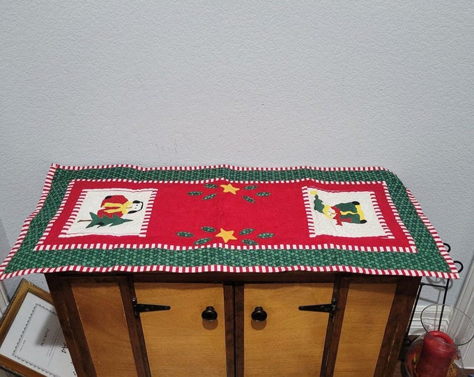 Vintage 35 X 14 Handmade Red Green Christmas Patchwork Quilted Table Runner Snow