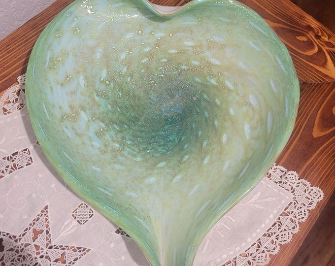 VTG. Venetian Murano Glass Heart Shaped Dish Multi Color w/ Silver/Gold Flecks