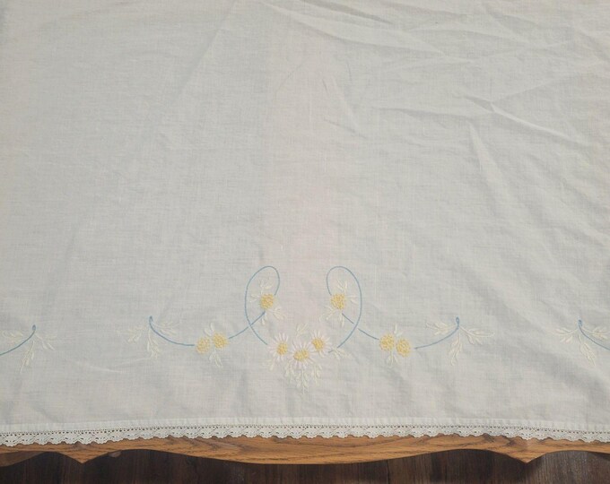 Vintage Table Runner Dresser Scarf Hand Embroidered White Lace flowers 40" x 20"