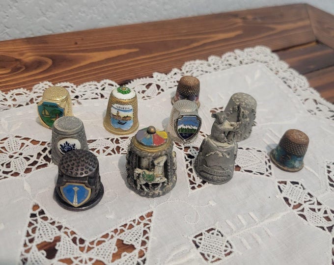 10 Vtg or Antique Thimbles Metal Carousel Aussie New York Delft Venezia etc