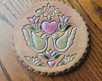 Vtg NAN GROVES Signed Art Pottery Bread Warmer Tile Wall Hanger Hearts Doves