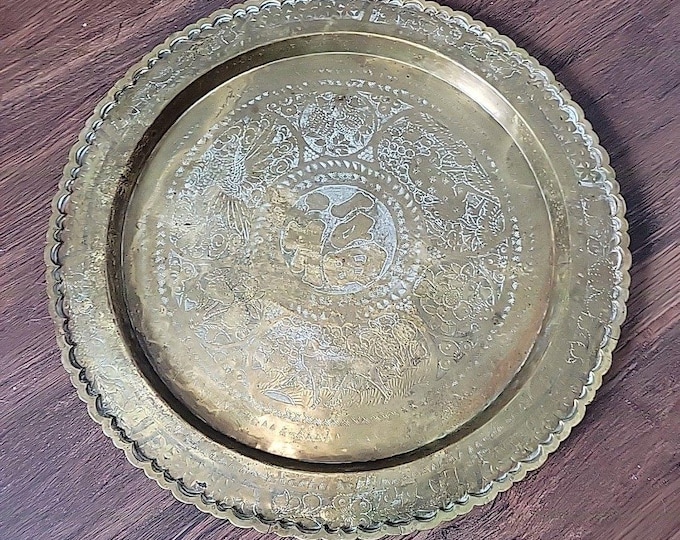 Vintage Oriental Brass Serving Tray, Etched Asian Wall Decor, Boho Hong Kong Stand